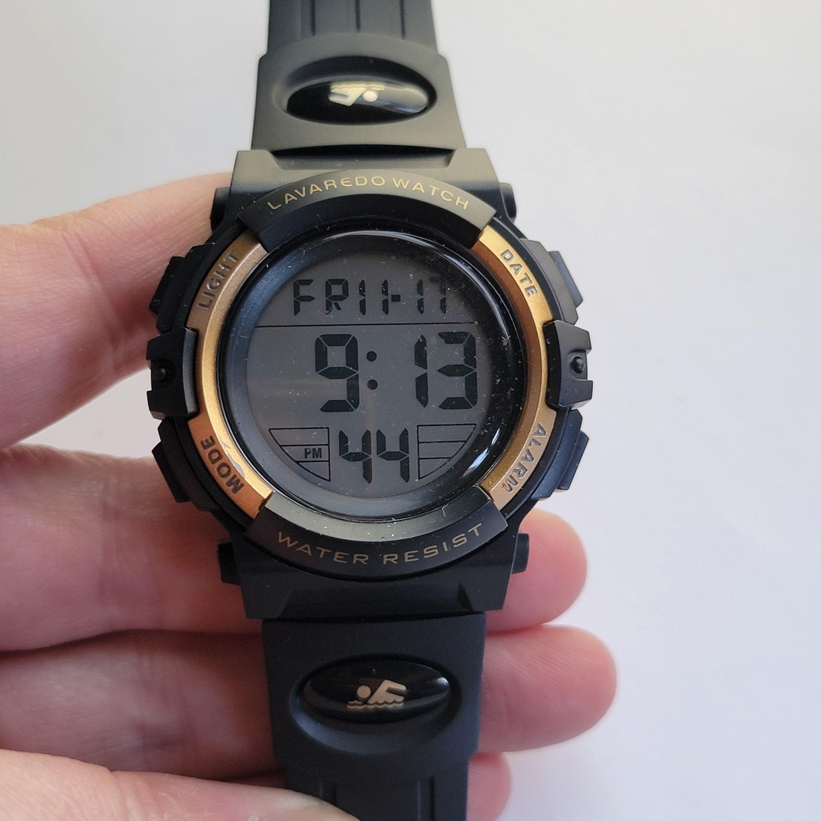 Lavaredo Mens Watch Gray Digital Dial Black Gold Bezel Black Rubber Sport Alarm